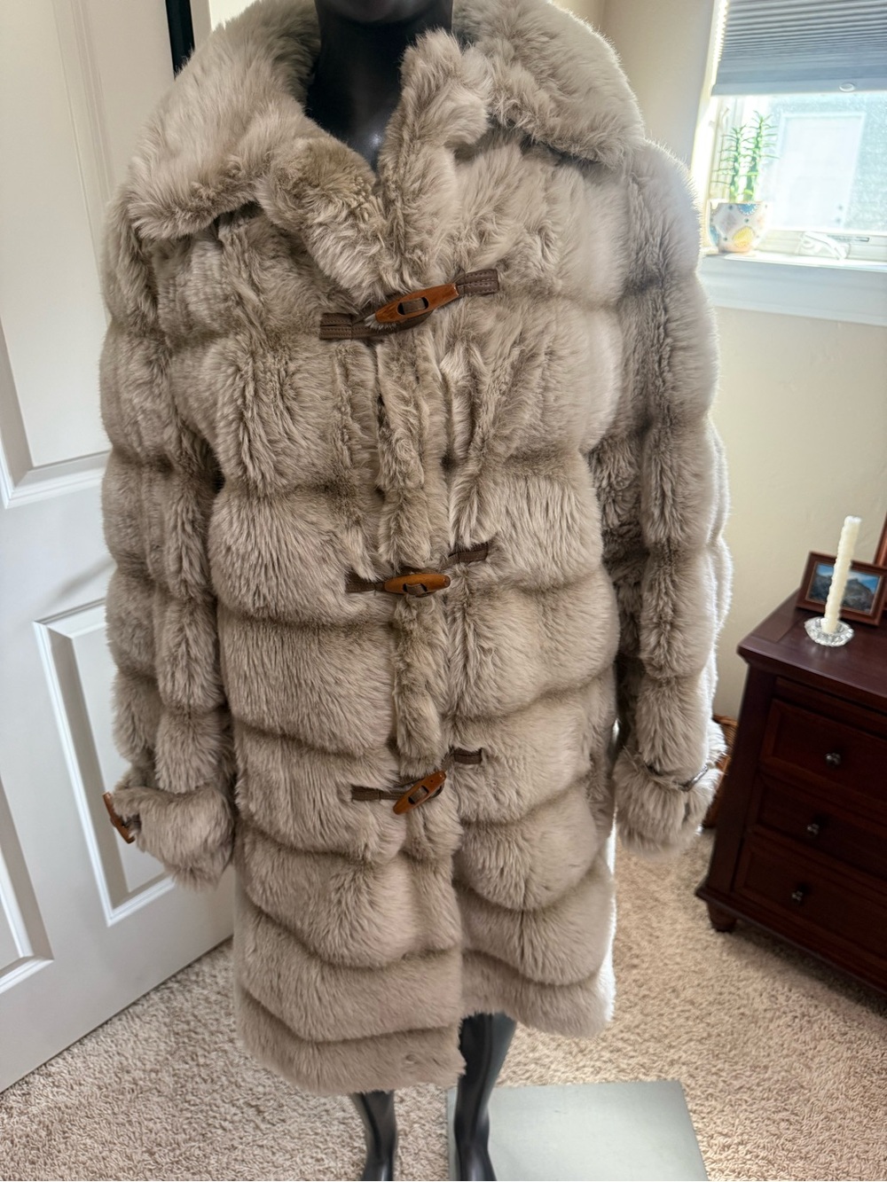 Women's Plush Faux Fur Toggle Coat in Light Beige
